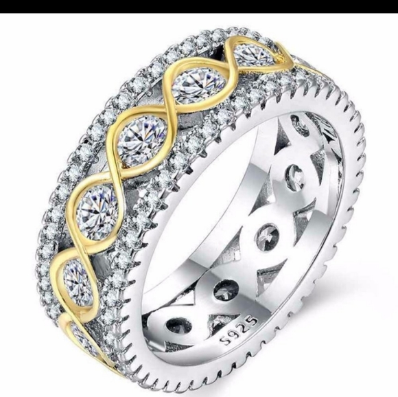 WEDDING/ENGAGEMENT RING NEW TWO TONE 925s SILVER RING 8 - Picture 2 of 2